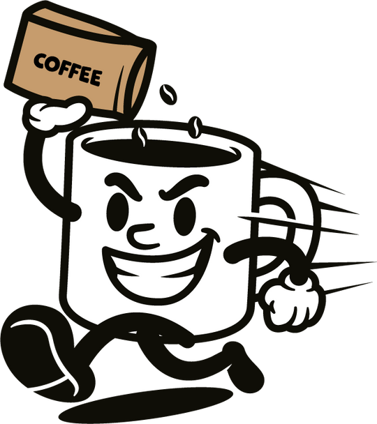 Cartoon coffee mug running away while pouring coffee beans