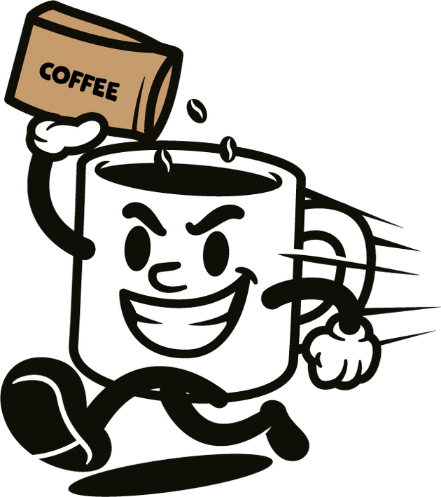 Cartoon coffee mug running away while pouring coffee beans