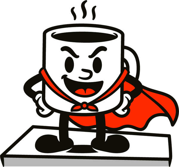 Cartoon coffee cup with a superhero cape and smile on a white background