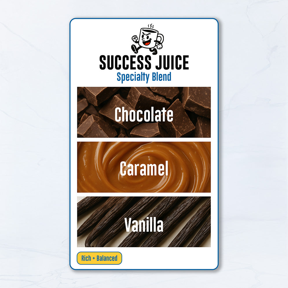 Success Juice specialty blend flavor notes card with chocolate, caramel, and vanilla options on a light blue background.