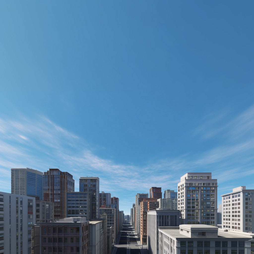 Cityscape with tall buildings under a clear blue sky