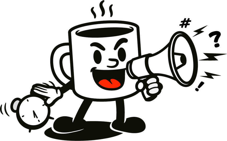 Cartoon coffee mug with a megaphone and alarm clock on a white background