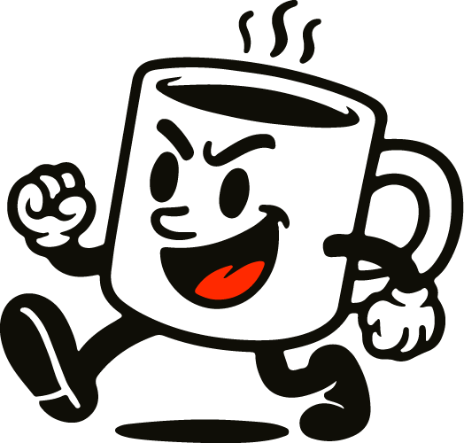 Cartoon coffee mug with a happy expression and arms raised on a white background