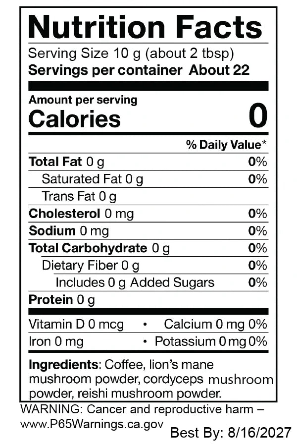 Mushroom Coffee Nutrition Label